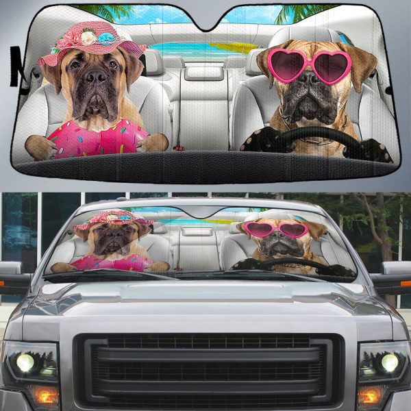 bullmastiff dog summer vacation couple car sun shade cover auto windshield