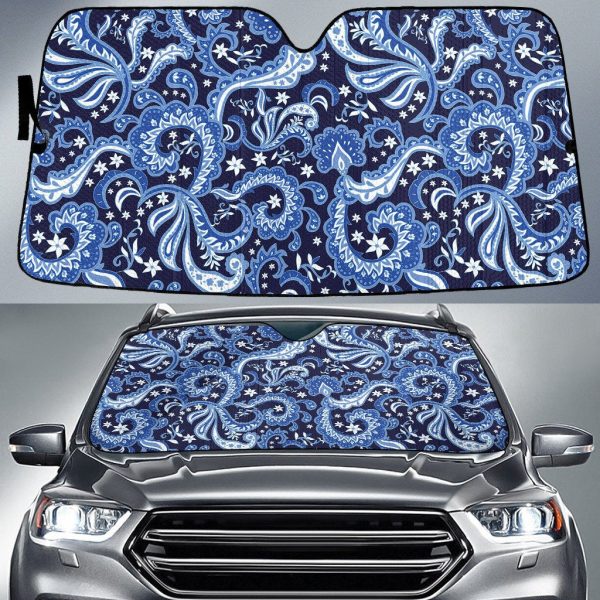 tone of blue long flowers paisley texture navy theme car sun shades cover auto windshield coolspod