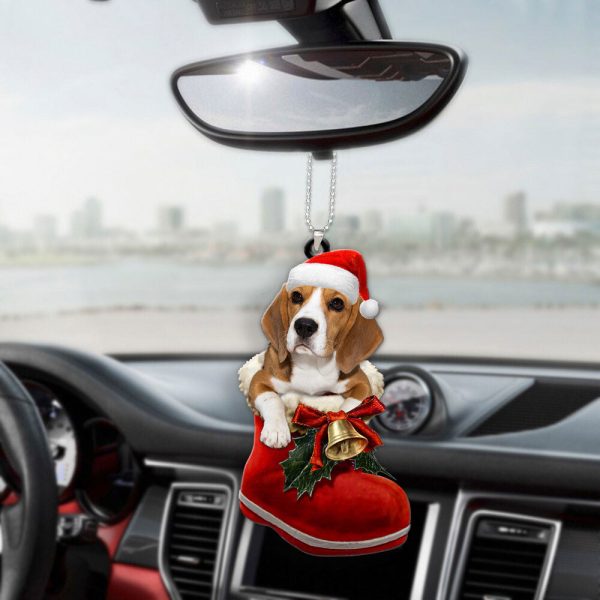 beagle in santa boot christmas car hanging ornament