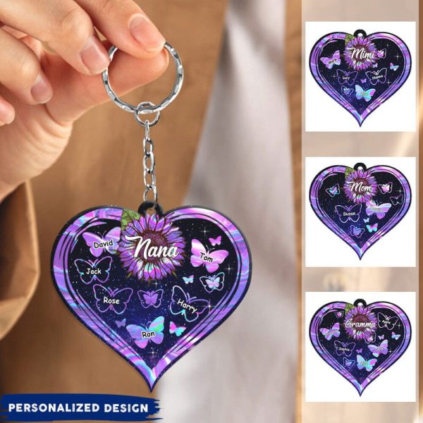hologram sunflower grandma mom with heart full of butterfly kids personalized keychain
