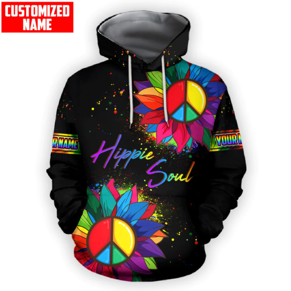 personalized name hippie sunflower peace sign colorful hippie soul hoodie