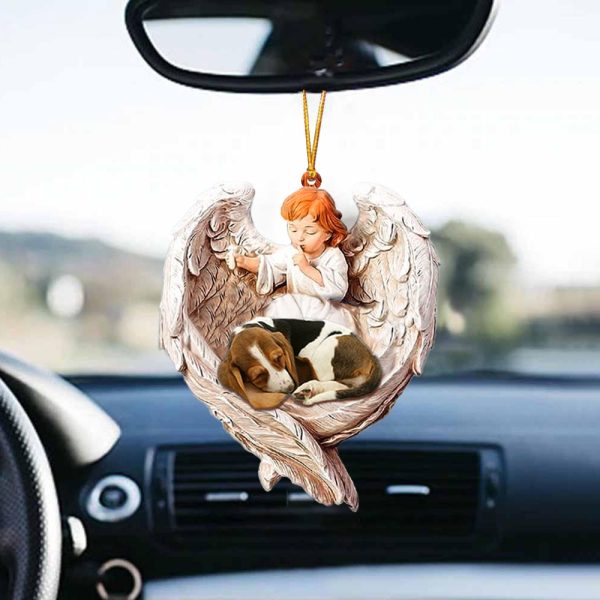 sleeping basset hound protected by angel car hanging ornament