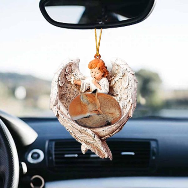 cute fox sleeping protected by angel acrylic two sides hanging ornament for car tree