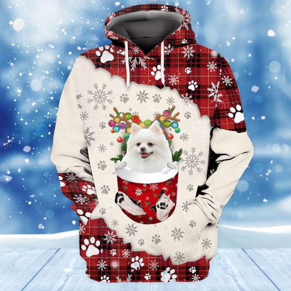 white pomeranian in snow pocket merry christmas unisex hoodie