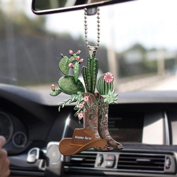 personalized cowboy cowgirl cactus hat boots car hanging ornament